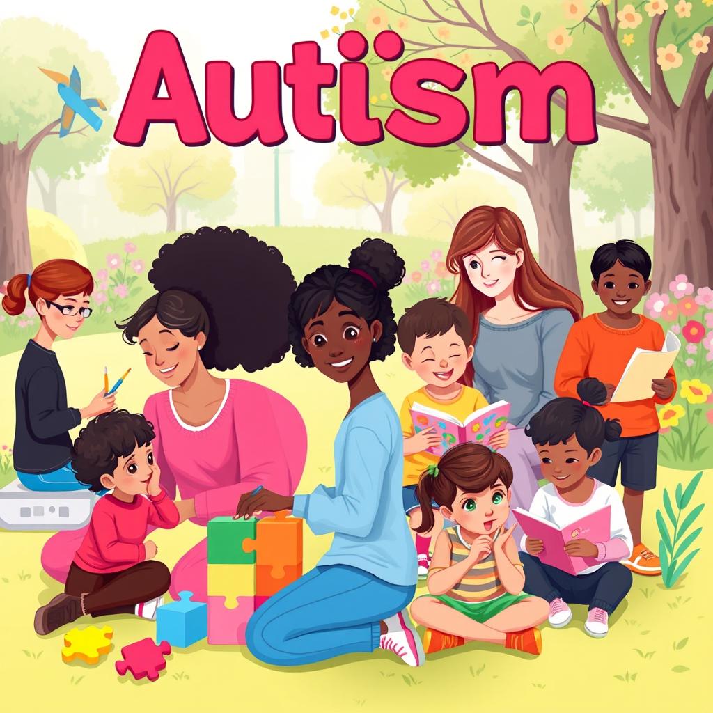 A vibrant and educational illustration depicting the concept of autism, featuring a diverse group of adults and children engaging in various activities that reflect different interests and abilities