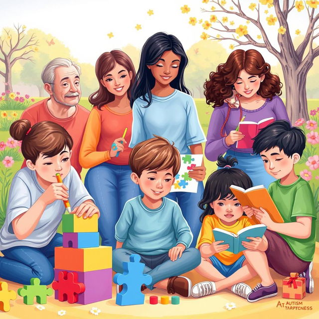 A vibrant and educational illustration depicting the concept of autism, featuring a diverse group of adults and children engaging in various activities that reflect different interests and abilities