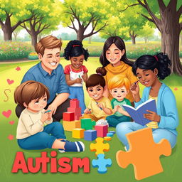 A vibrant and educational illustration depicting the concept of autism, featuring a diverse group of adults and children engaging in various activities that reflect different interests and abilities