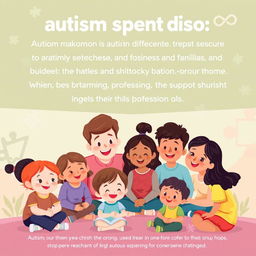 A visually engaging educational illustration explaining autism spectrum disorder, featuring diverse children with different abilities and traits, showcasing support from family and professionals