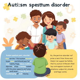 A visually engaging educational illustration explaining autism spectrum disorder, featuring diverse children with different abilities and traits, showcasing support from family and professionals