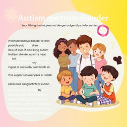 A visually engaging educational illustration explaining autism spectrum disorder, featuring diverse children with different abilities and traits, showcasing support from family and professionals