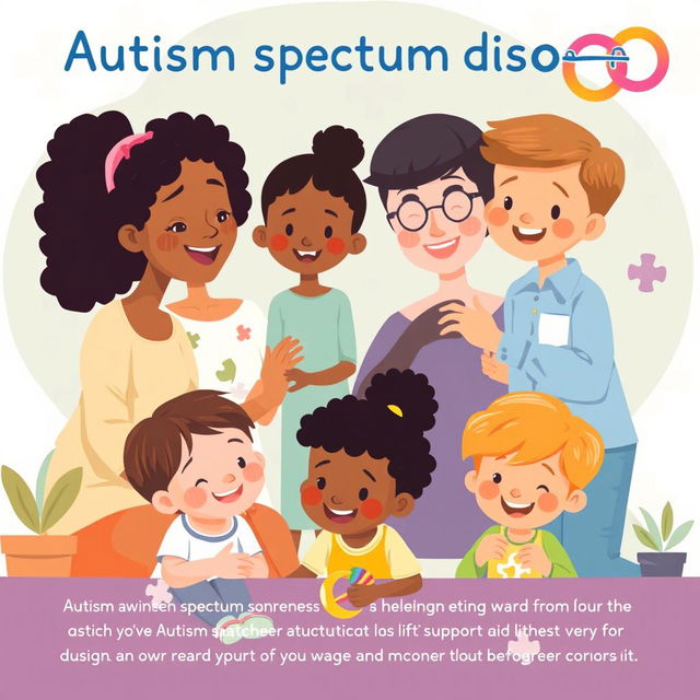 A visually engaging educational illustration explaining autism spectrum disorder, featuring diverse children with different abilities and traits, showcasing support from family and professionals