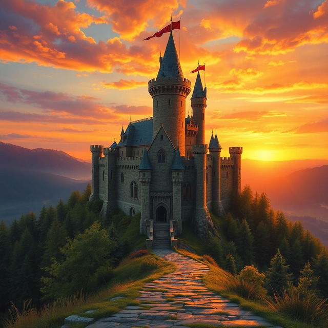 A breathtaking medieval castle perched on a hilltop, magnificently illuminated by the warm colors of a sunset