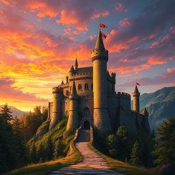 A breathtaking medieval castle perched on a hilltop, magnificently illuminated by the warm colors of a sunset