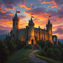 A breathtaking medieval castle perched on a hilltop, magnificently illuminated by the warm colors of a sunset