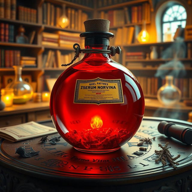 A captivating potion labeled "Therma Vitae", contained in a round glass flask filled with a fiery red liquid that emanates a soft glow