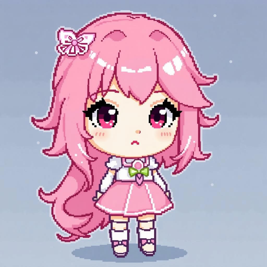 A cute, anime-style girl with long pink hair and bright pink eyes