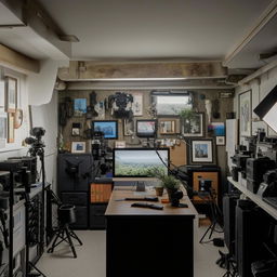 A well-organized photographer's office space filled with photography equipment, framed pictures, a massive desk with computer, and atmospheric lighting.