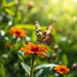 A stunning, realistic close-up of a butterfly perched delicately on a vibrant flower in a natural setting