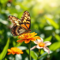 A stunning, realistic close-up of a butterfly perched delicately on a vibrant flower in a natural setting