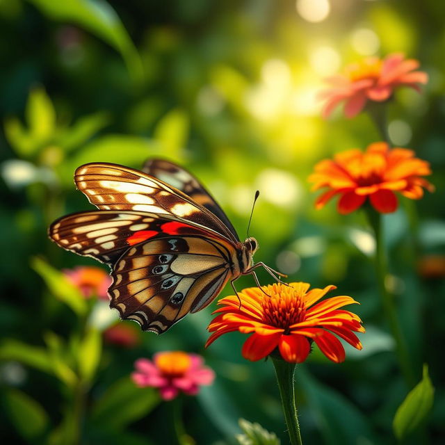 A stunning, realistic close-up of a butterfly perched delicately on a vibrant flower in a natural setting