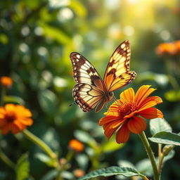 A stunning, realistic close-up of a butterfly perched delicately on a vibrant flower in a natural setting
