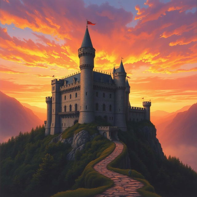 A breathtaking medieval castle perched on a hilltop, magnificently illuminated by the warm colors of a sunset