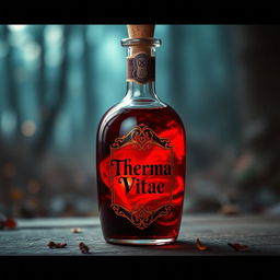 A striking bottle of red potion with a beautifully designed label prominently featuring the words 'Therma Vitae'