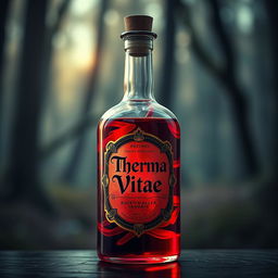 A striking bottle of red potion with a beautifully designed label prominently featuring the words 'Therma Vitae'