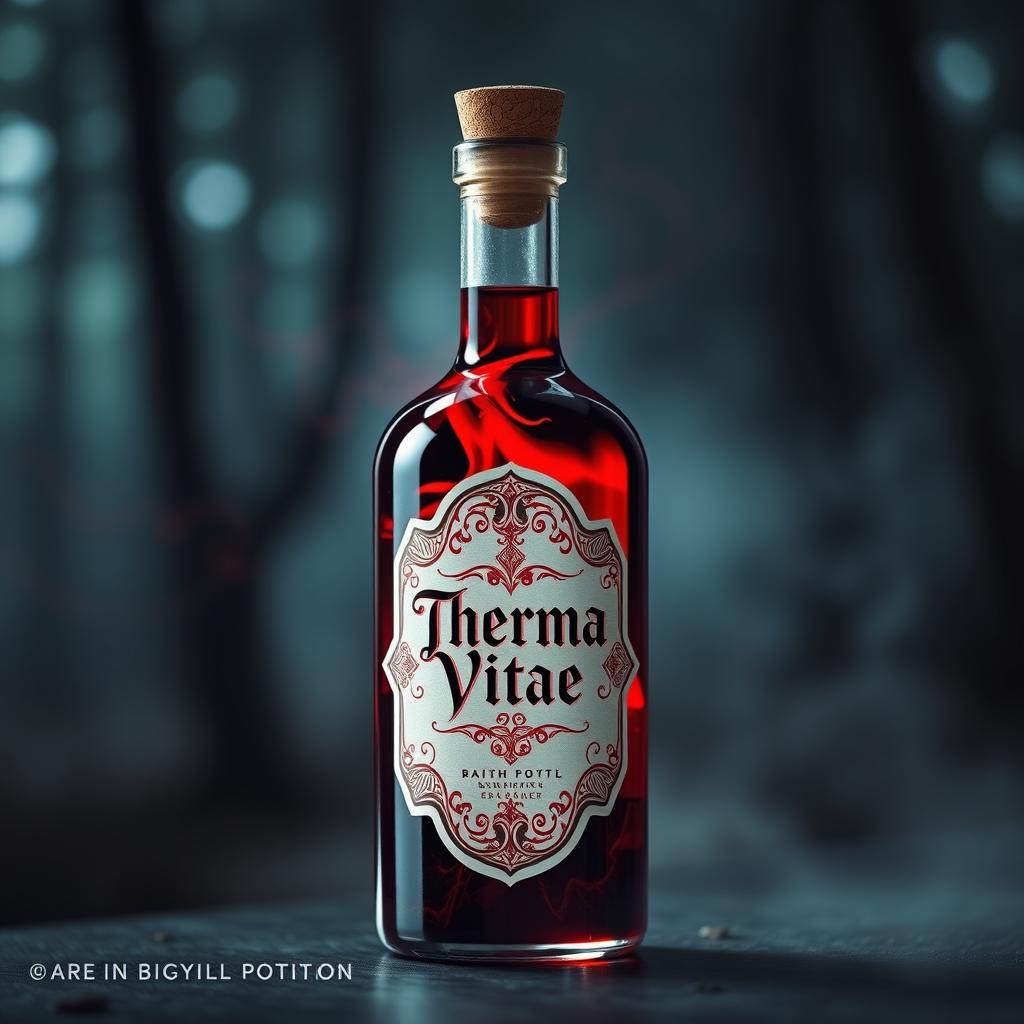 A striking bottle of red potion with a beautifully designed label prominently featuring the words 'Therma Vitae'