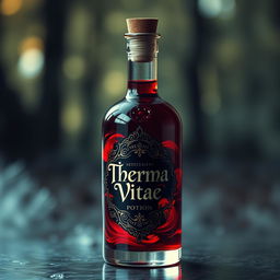A striking bottle of red potion with a beautifully designed label prominently featuring the words 'Therma Vitae'
