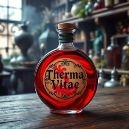 A round bottle of a vibrant red potion, elegantly crafted with a label that boldly displays the words 'Therma Vitae'