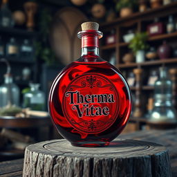 A round bottle of a vibrant red potion, elegantly crafted with a label that boldly displays the words 'Therma Vitae'