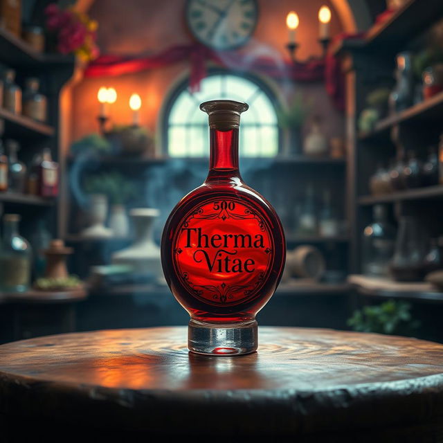 A round bottle of a vibrant red potion, elegantly crafted with a label that boldly displays the words 'Therma Vitae'