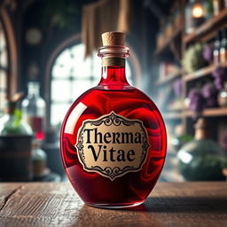 A round bottle of a vibrant red potion, elegantly crafted with a label that boldly displays the words 'Therma Vitae'