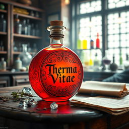 A round glass potion filled with a vivid red liquid, prominently labeled with the elegant text 'Therma Vitae'