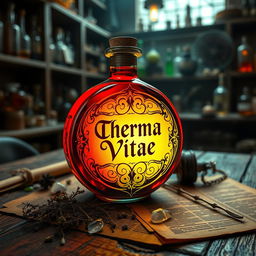 A round glass potion filled with a vivid red liquid, prominently labeled with the elegant text 'Therma Vitae'