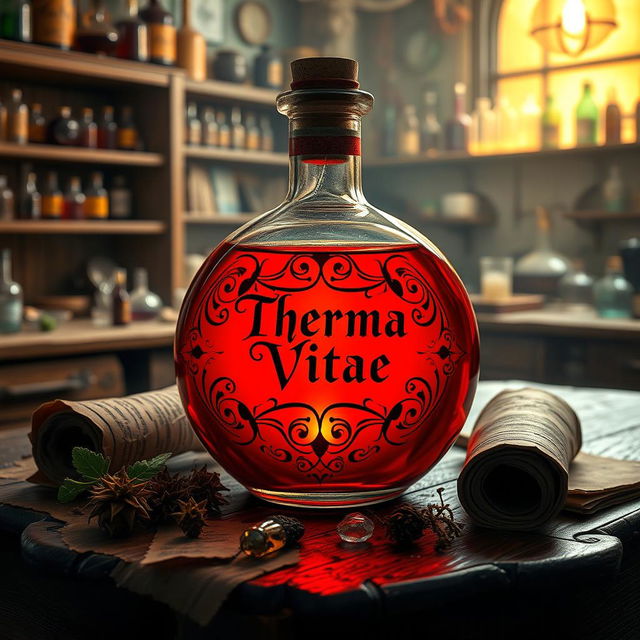 A round glass potion filled with a vivid red liquid, prominently labeled with the elegant text 'Therma Vitae'