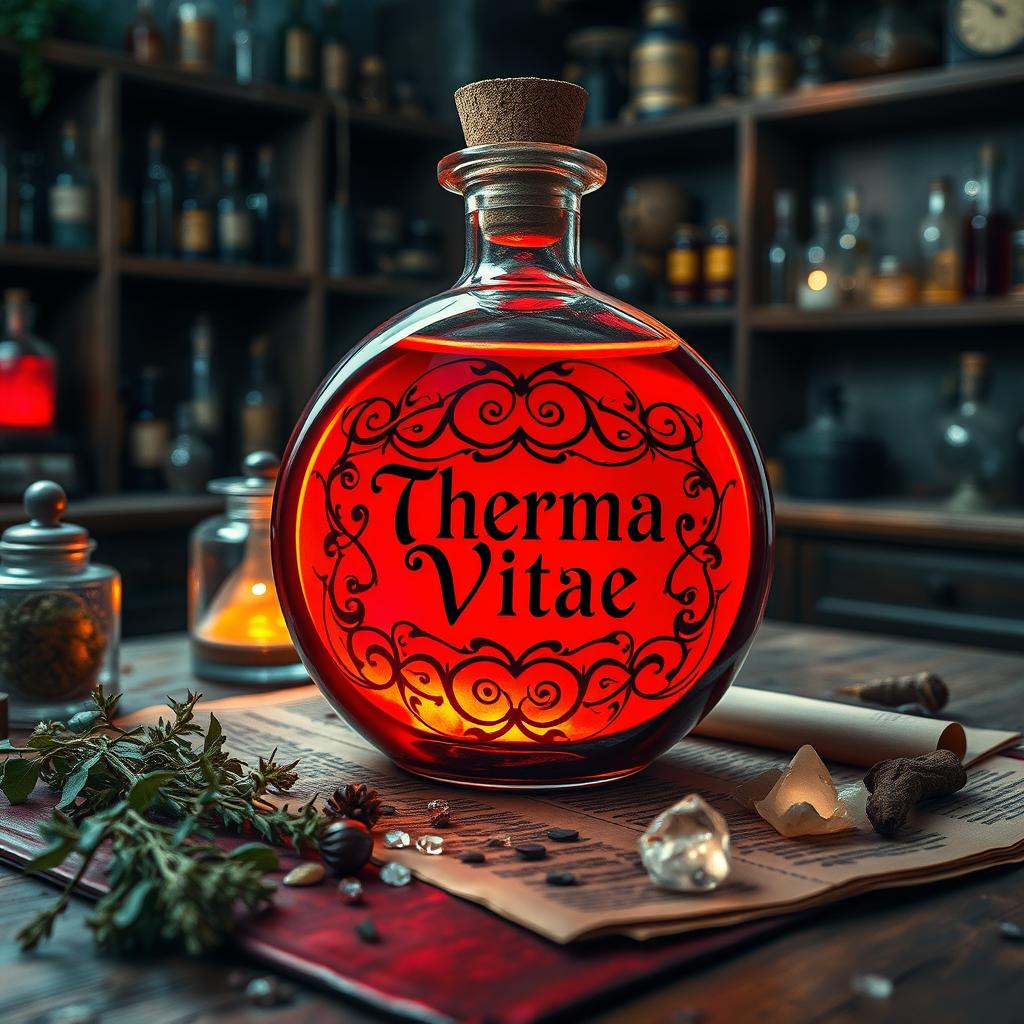 A round glass potion filled with a vivid red liquid, prominently labeled with the elegant text 'Therma Vitae'