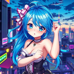 A vibrant digital artwork of a blue-haired anime girl, showcasing her in a lively pose