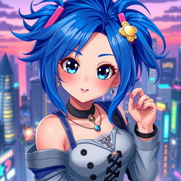 A vibrant digital artwork of a blue-haired anime girl, showcasing her in a lively pose