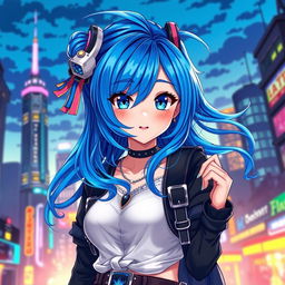 A vibrant digital artwork of a blue-haired anime girl, showcasing her in a lively pose