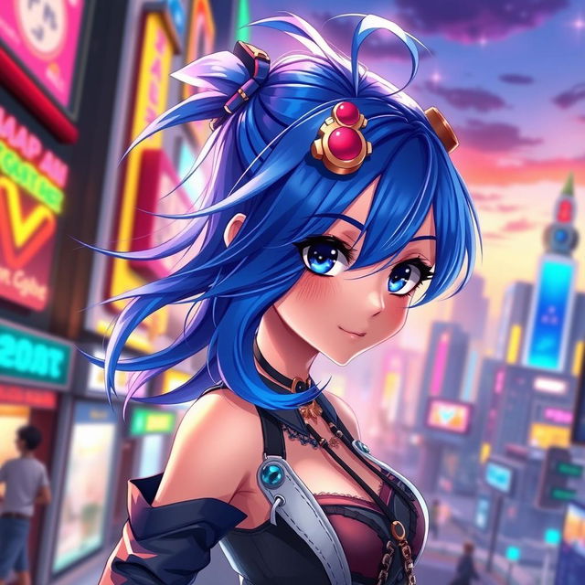 A vibrant digital artwork of a blue-haired anime girl, showcasing her in a lively pose