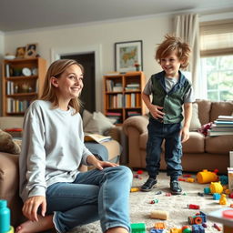 A light-hearted scene in a cozy living room, featuring two siblings: a teenage girl and her younger brother, Spencer