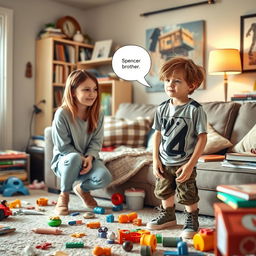 A light-hearted scene in a cozy living room, featuring two siblings: a teenage girl and her younger brother, Spencer