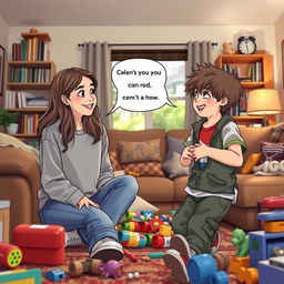 A light-hearted scene in a cozy living room, featuring two siblings: a teenage girl and her younger brother, Spencer