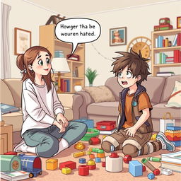 A light-hearted scene in a cozy living room, featuring two siblings: a teenage girl and her younger brother, Spencer