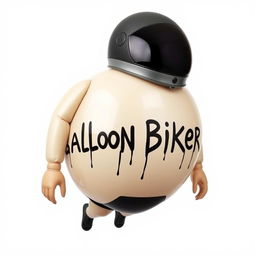 A whimsical and surreal image of an inflated biker, featuring a giant, balloon-like body with a glossy surface