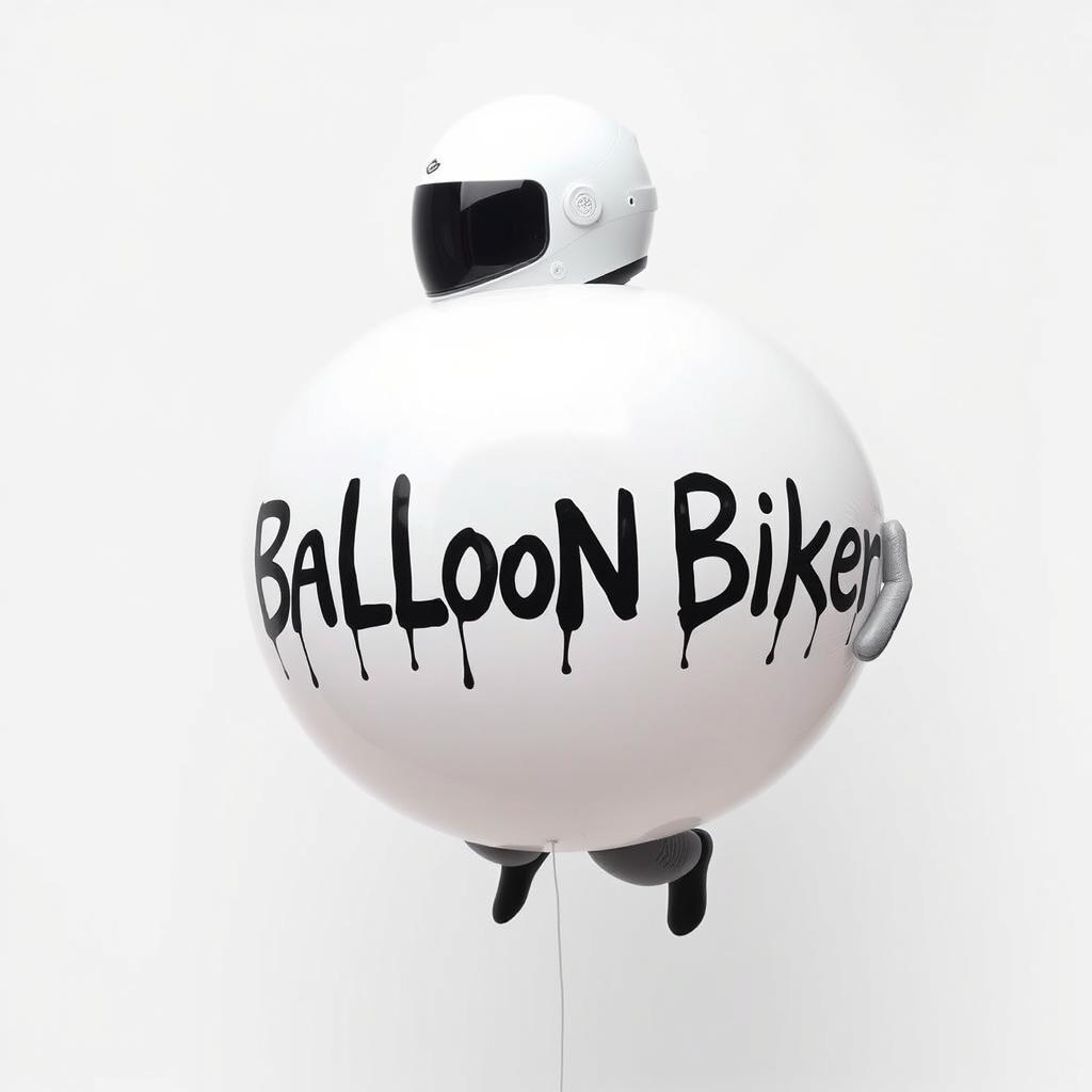 A whimsical and surreal image of an inflated biker, featuring a giant, balloon-like body with a glossy surface