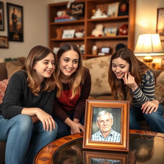 A warm and inviting scene in a living room, where two friends, Lauren and another girl, are looking at a framed photo on a coffee table