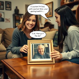 A warm and inviting scene in a living room, where two friends, Lauren and another girl, are looking at a framed photo on a coffee table