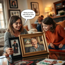 A warm and inviting scene in a living room, where two friends, Lauren and another girl, are looking at a framed photo on a coffee table