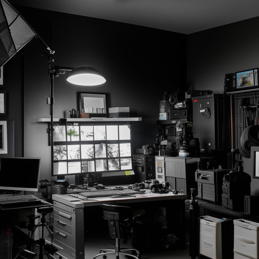 A well-organized photographer's office space filled with photography equipment, framed pictures, a massive desk with computer, and atmospheric lighting.