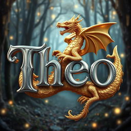 A three-dimensional text of the word "Theo" in a regal silver color, intricately designed to reflect a royal theme