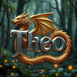 A three-dimensional text of the word "Theo" in a regal silver color, intricately designed to reflect a royal theme