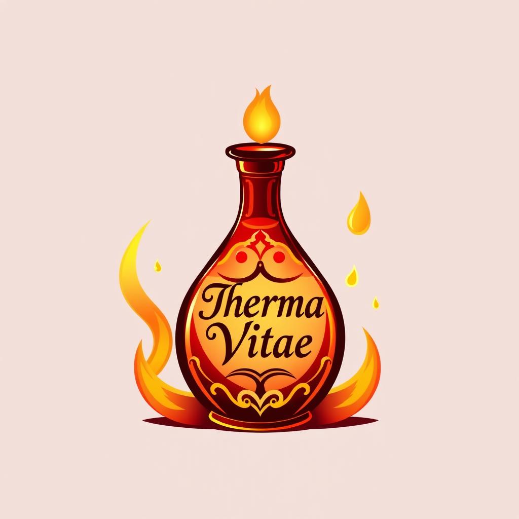 A logo design featuring a stylized red potion labeled "Therma Vitae"