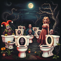 A surreal poster featuring an eerie scene of toilets with human heads emerging from the bowls, set in a whimsical yet unsettling environment