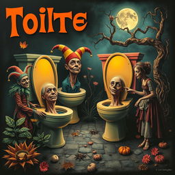 A surreal poster featuring an eerie scene of toilets with human heads emerging from the bowls, set in a whimsical yet unsettling environment