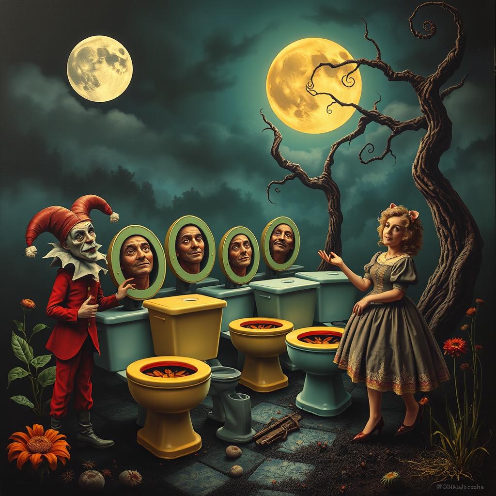 A surreal poster featuring an eerie scene of toilets with human heads emerging from the bowls, set in a whimsical yet unsettling environment
